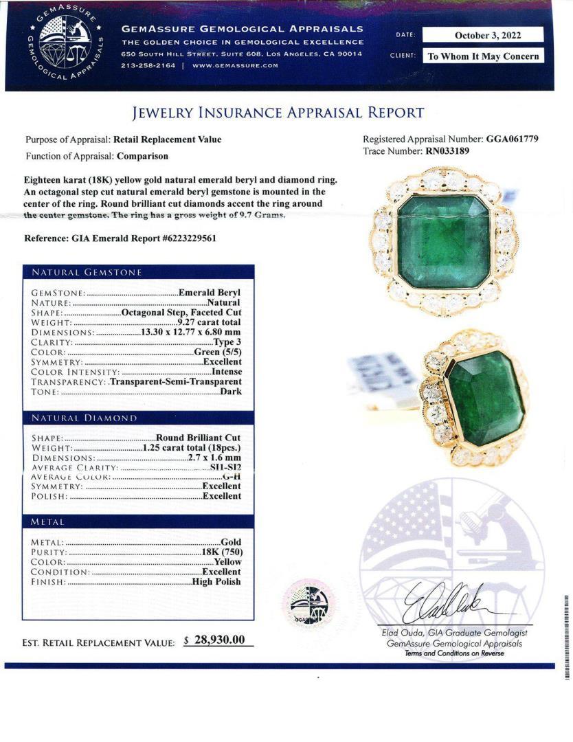 9.27 ctw Emerald and 1.25 ctw Diamond 18K Yellow Gold Ring (GIA CERTIFIED)