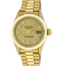 Rolex Ladies Quickset 18K Yellow Gold Champagne Index Datejust President Wristwa