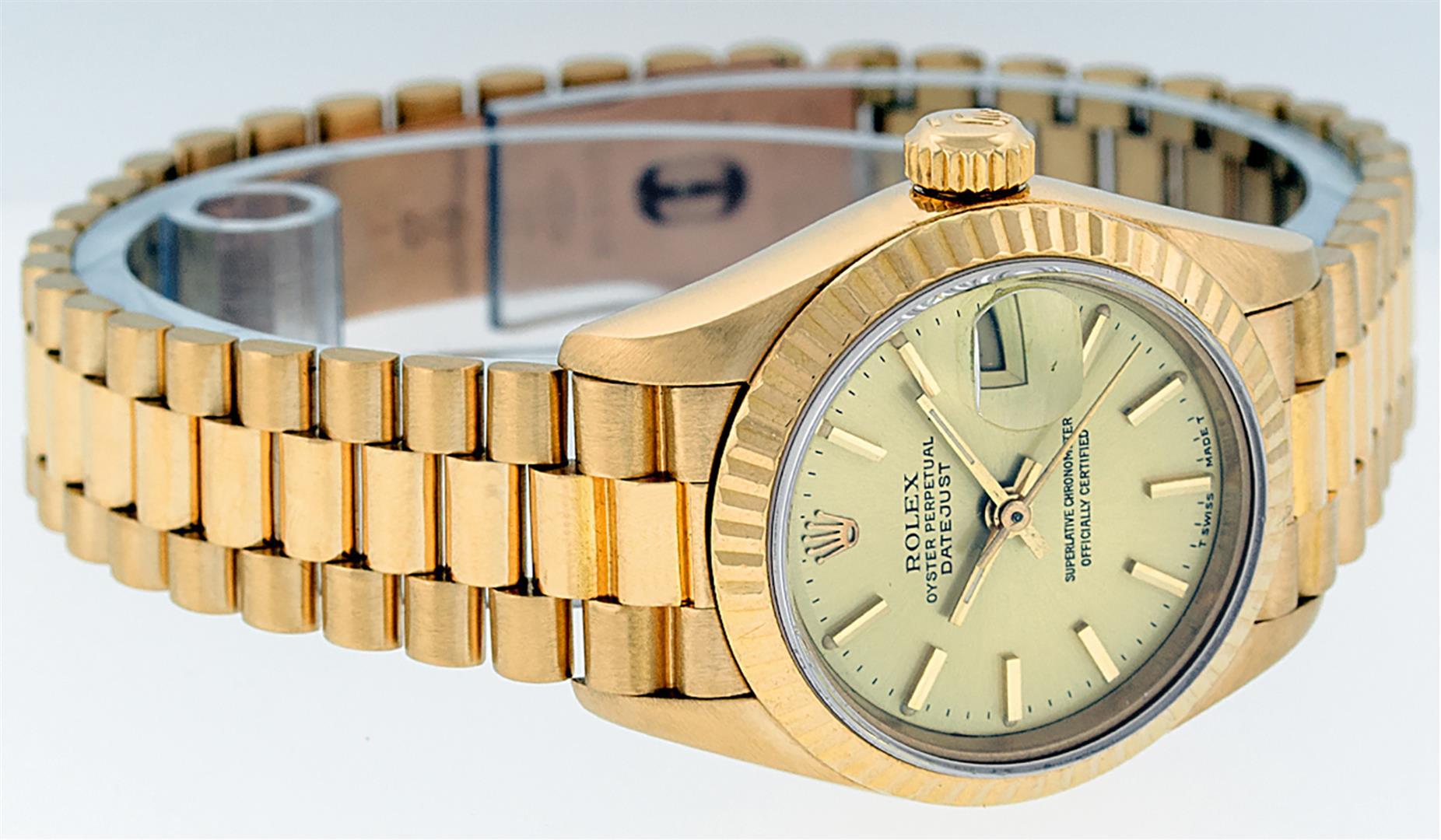 Rolex Ladies Quickset 18K Yellow Gold Champagne Index Datejust President Wristwa