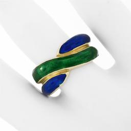 Vintage Solid 18K Yellow Gold Blue & Green Enamel Wide Intertwined Band Ring