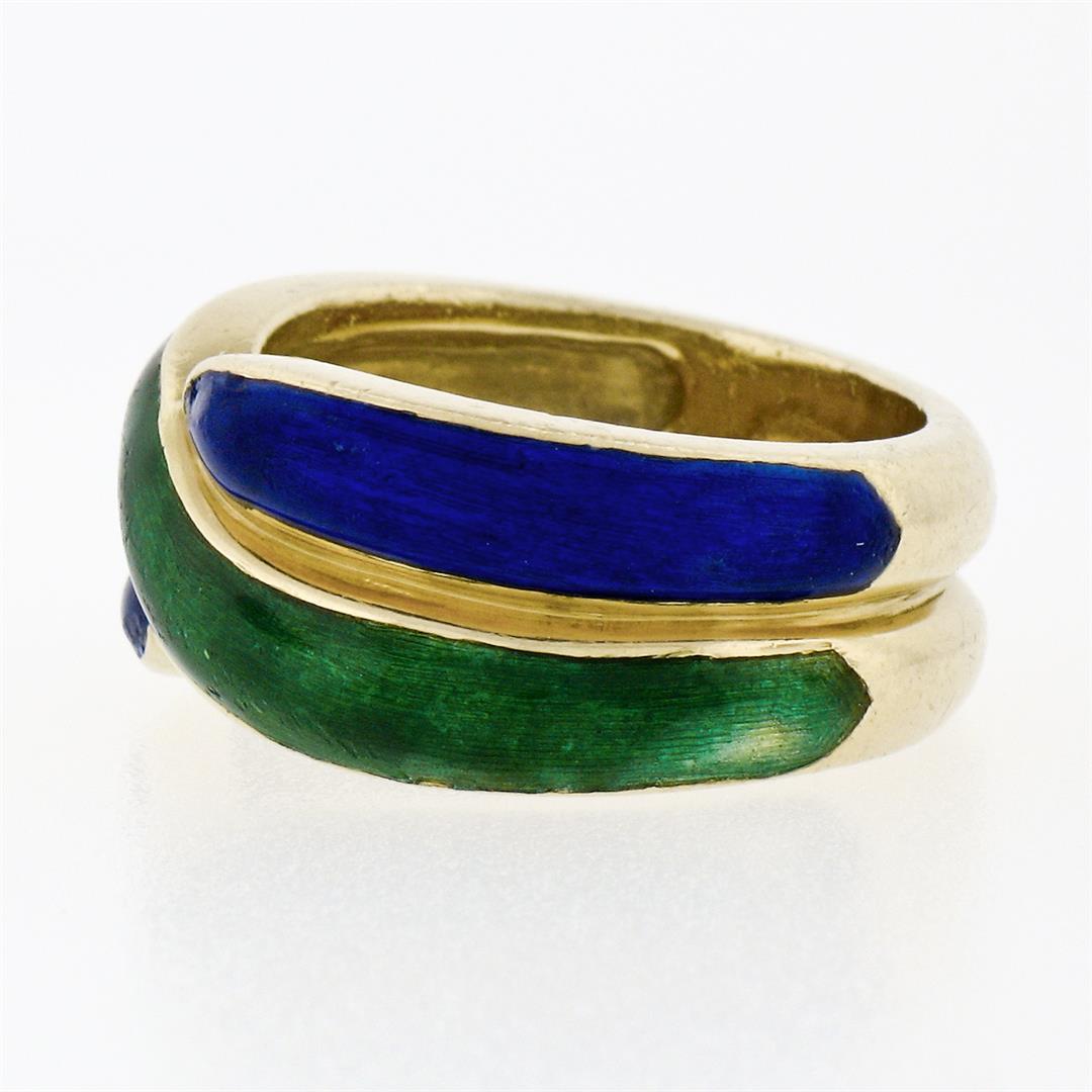 Vintage Solid 18K Yellow Gold Blue & Green Enamel Wide Intertwined Band Ring