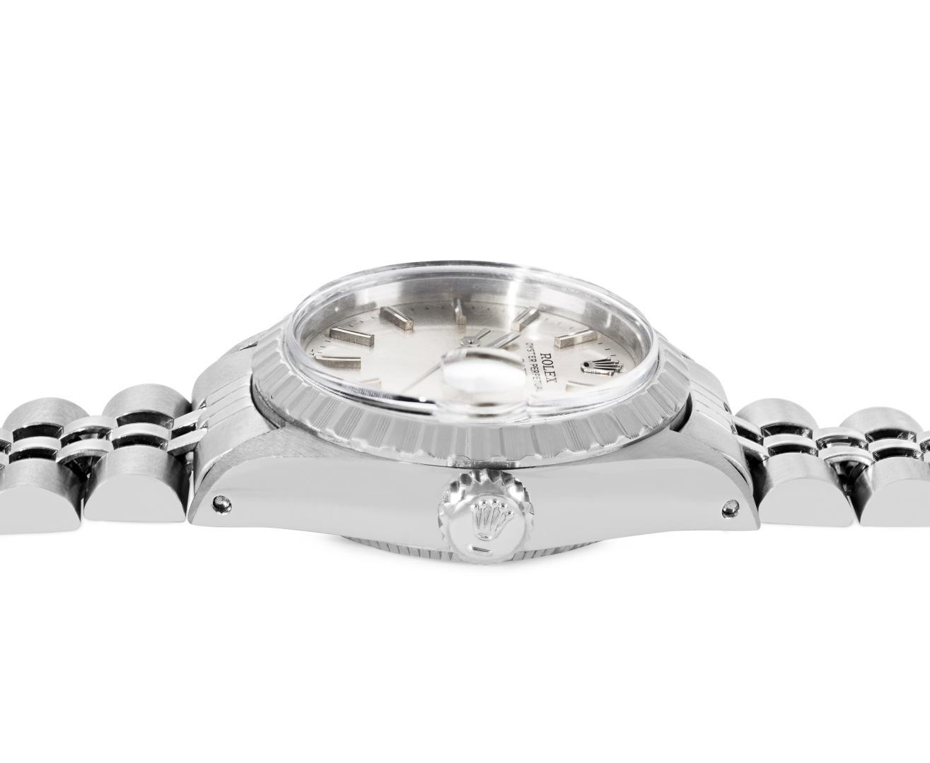 Rolex Ladies Stainless Steel Silver Index Engine Turn Bezel Watch With Rolex Box