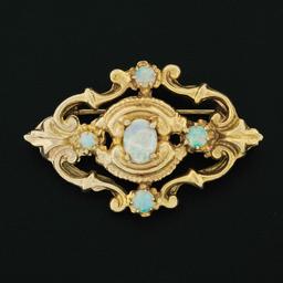 Vintage 14K Yellow Gold Oval & Round Opal Detailed Open Work Brooch Pin Pendant