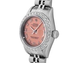 Rolex Ladies Stainless Steel Salmon Roman 18K White Gold Diamond Bezel Datejust