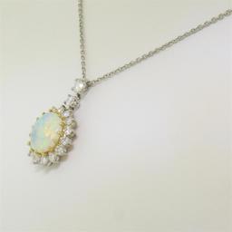 Solid Platinum 18K Yellow Gold 3.69 ctw Oval Opal & Diamond Halo Pendant Necklac