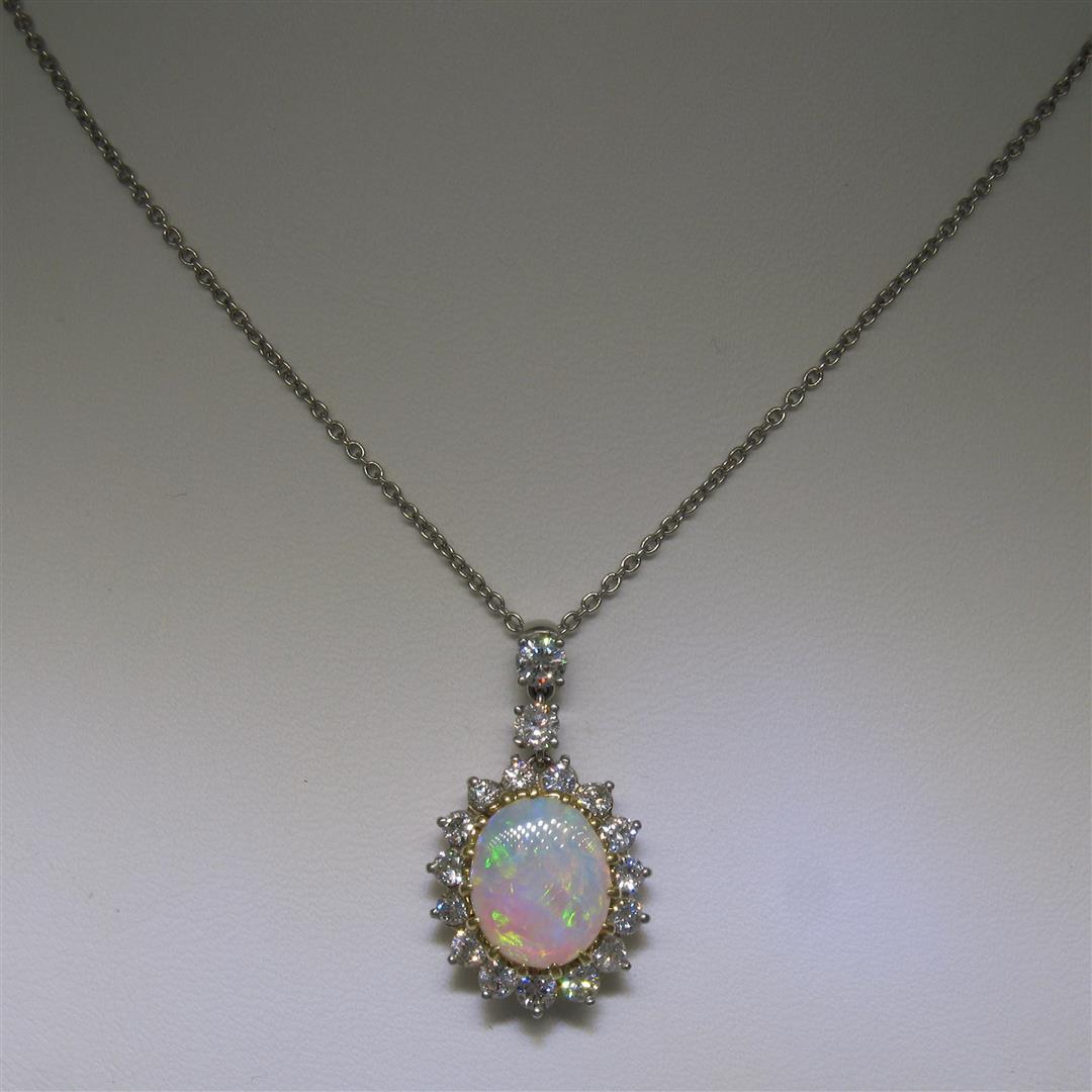 Solid Platinum 18K Yellow Gold 3.69 ctw Oval Opal & Diamond Halo Pendant Necklac