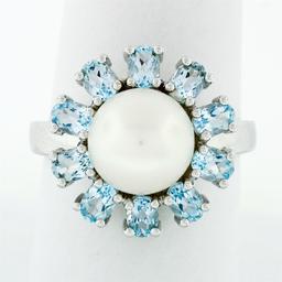 14k White Gold 9.7mm Round White Pearl Ring w/ 2.00 ctw Oval Cut Aquamarine Halo