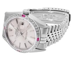 Rolex Mens Stainless Steel 36MM Silver Index Diamond And Ruby Datejust With Role