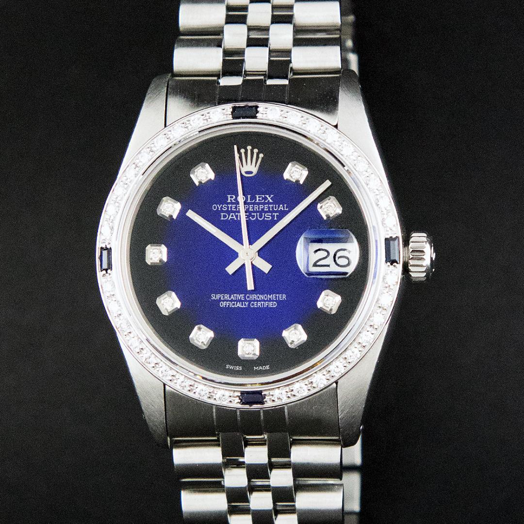 Rolex Mens Stainless Steel Blue Vignette Diamond And Sapphire Datejust Wristwatc