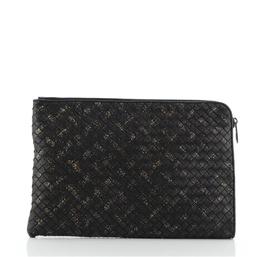 Bottega Veneta Front Zip Portfolio Pouch Printed Intrecciato Nappa Large Black