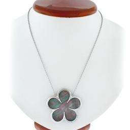 14K White Gold Black Mother of Pearl & Diamond Clover Flower Pendant Necklace