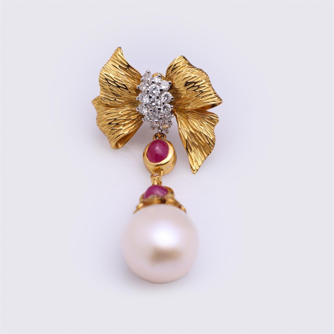 Pair 18K Yellow Gold, Ruby, Diamond & Pearl Earrings by Carlo Rici