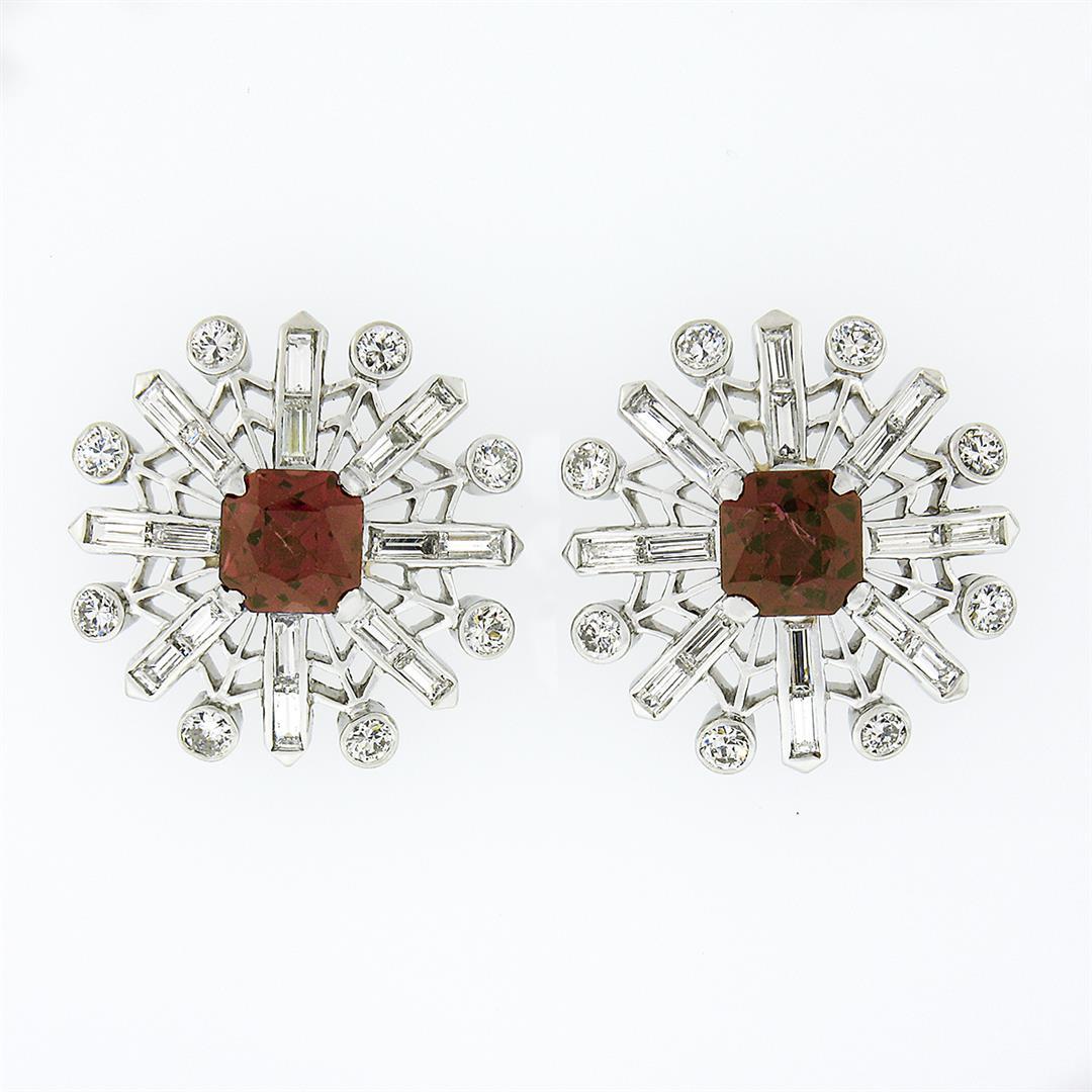 Vintage Platinum 4.02 ctw Rhodolite Garnet & Diamond Snowflake Post Stud Earring