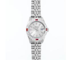 Rolex Ladies Quickset Stainless Steel 18K White Gold Diamond & Ruby Bezel Silver