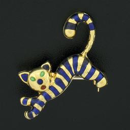 Vintage Italian 18k Gold Multi Color Enamel Blue Stripe Cat or Tiger Pin Brooch