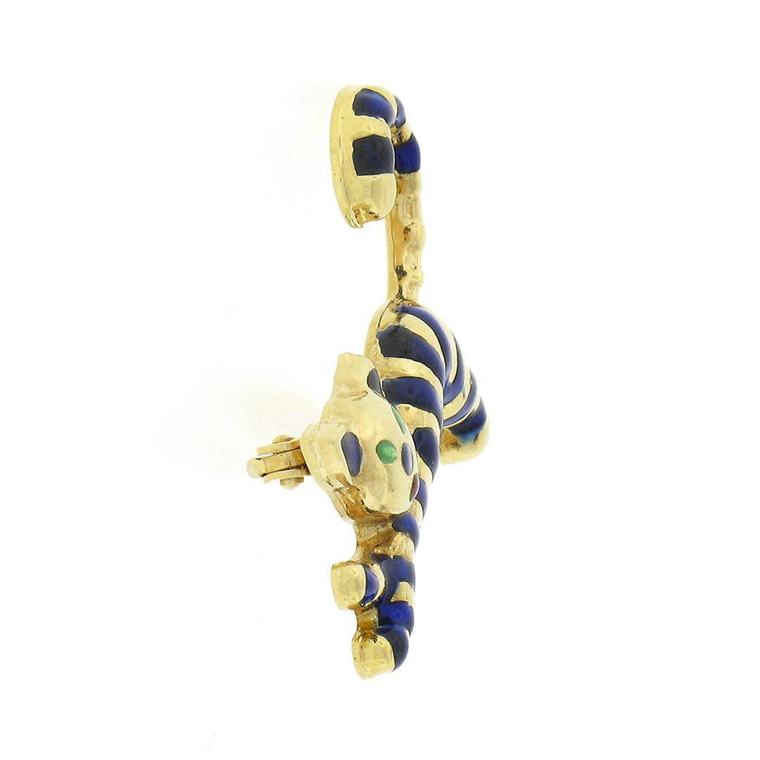 Vintage Italian 18k Gold Multi Color Enamel Blue Stripe Cat or Tiger Pin Brooch