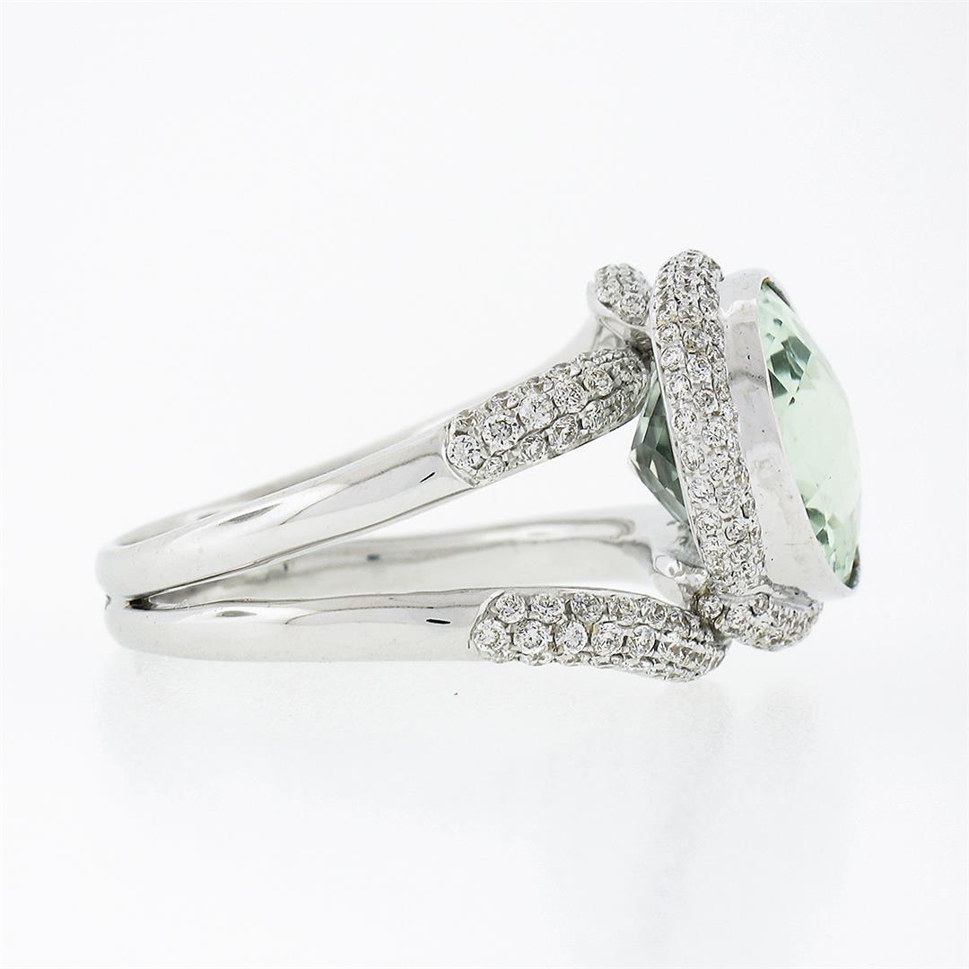 18K White Gold Oval Bezel Prasiolite Quartz & Pave Diamond Twisted Cocktail Ring