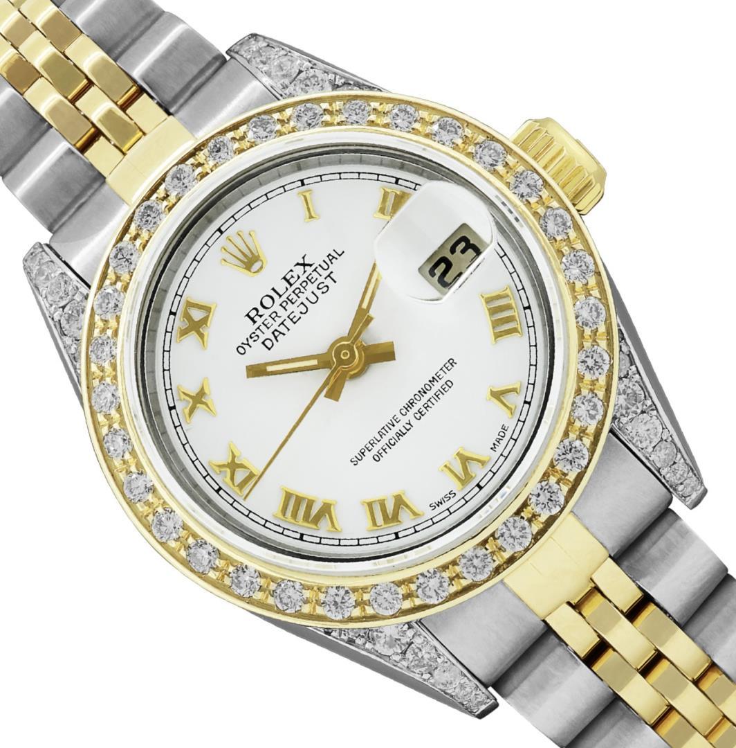 Rolex Ladies 18K Two Tone Gold And Steel White Roman Diamond Lugs Datejust Wrist