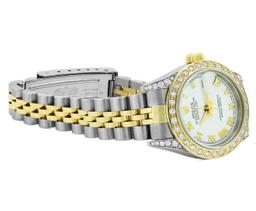 Rolex Ladies 18K Two Tone Gold And Steel White Roman Diamond Lugs Datejust Wrist