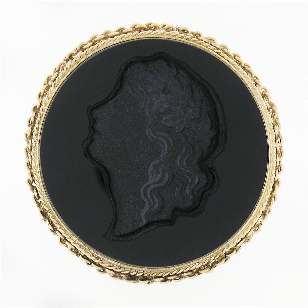 Vintage 14K Gold Large Black Onyx Matte Carved Cameo Intaglio Round Platter Ring