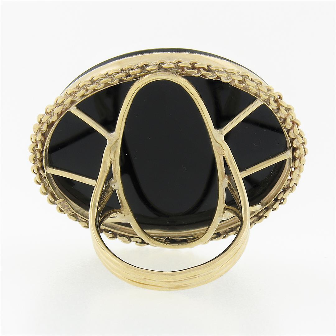 Vintage 14K Gold Large Black Onyx Matte Carved Cameo Intaglio Round Platter Ring