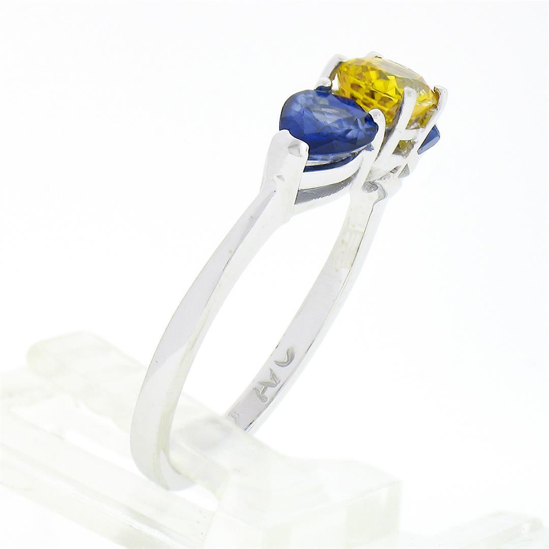 14k White Gold 2.25 ctw Oval Yellow & Pear Cut Blue Sapphire Three 3 Stone Ring