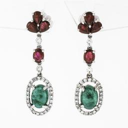 18K White Gold 4.15 ctw Cabochon Emerald w/ Ruby Diamond Halo Drop Dangle Earrin