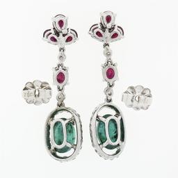 18K White Gold 4.15 ctw Cabochon Emerald w/ Ruby Diamond Halo Drop Dangle Earrin