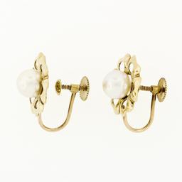 Vintage 14k Yellow Gold 6.8mm Round Pearl Open Flower Frame Screw Back Earrings