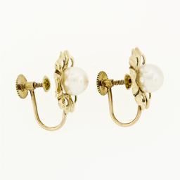 Vintage 14k Yellow Gold 6.8mm Round Pearl Open Flower Frame Screw Back Earrings