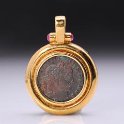 Heavy 18K Yellow Gold Pendant With Rubies & Imperial Roman Copper Coin