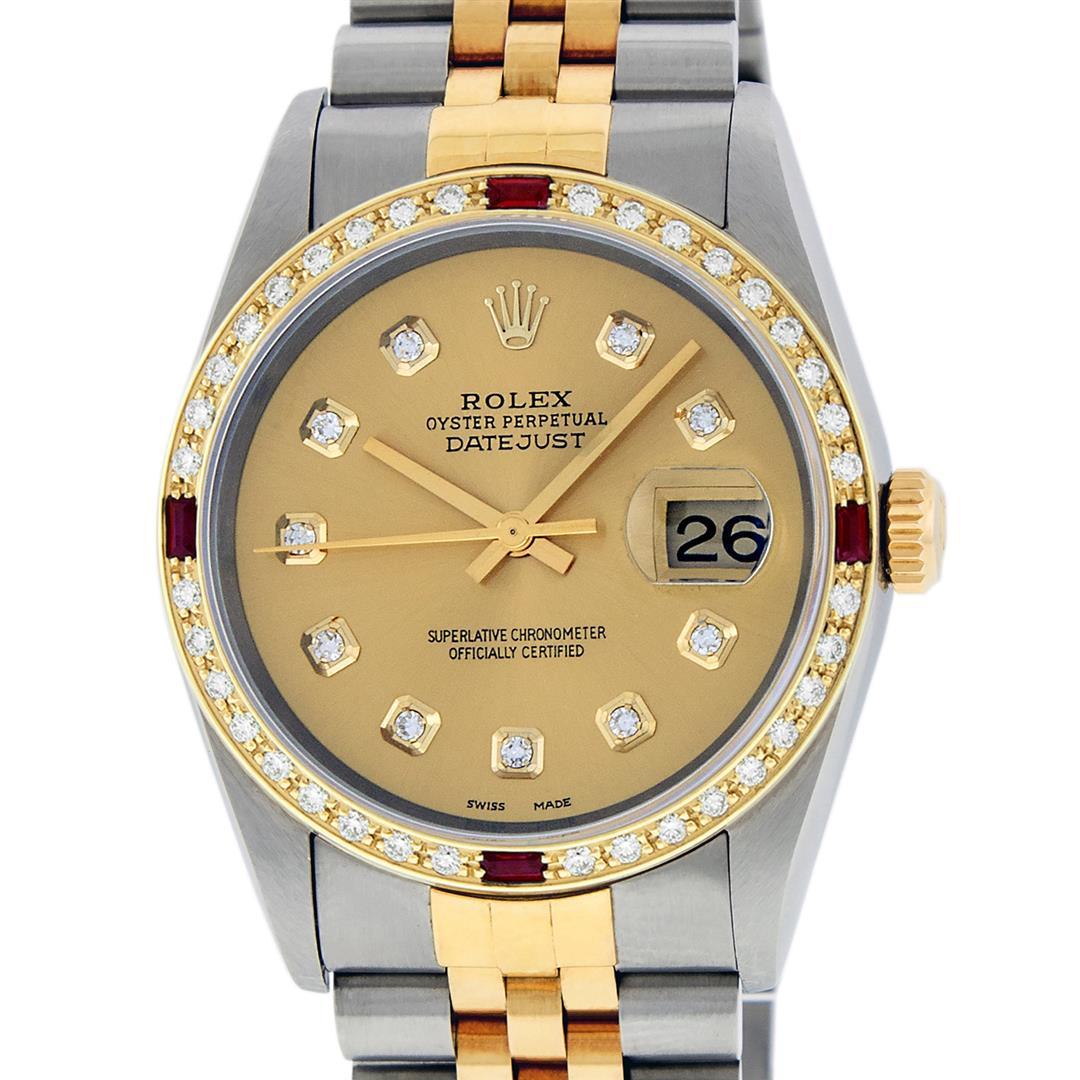 Rolex Mens Two Tone Champagne Diamond And Ruby 36MM Datejust Wristwatch