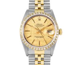 Rolex Mens 2 Tone Champagne Linen Dial Diamond Bezel Datejust Wristwatch