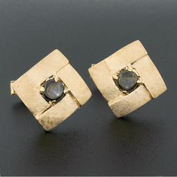 Vintage 14K Gold Brown Star Sapphire Infinity Square Florentine Finish Cufflinks