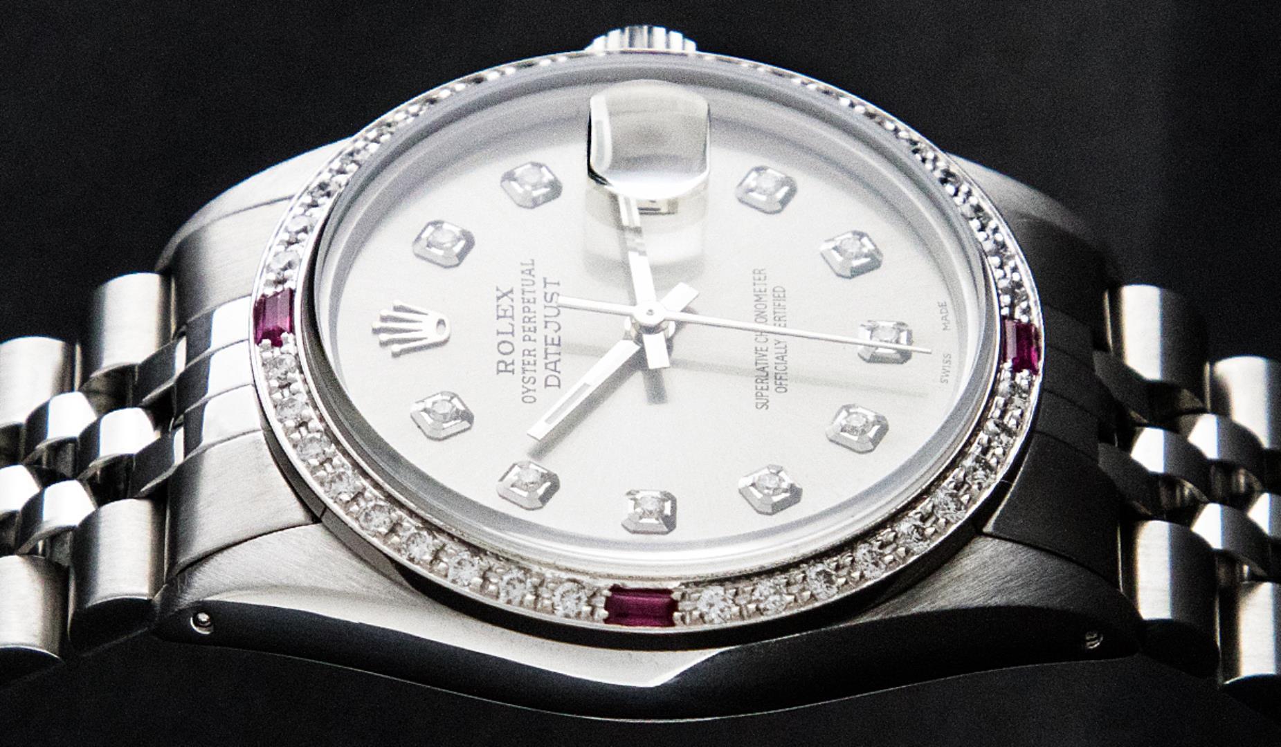 Rolex Mens Stainless Steel Gray Diamond And Ruby Datejust Wristwatch 36MM