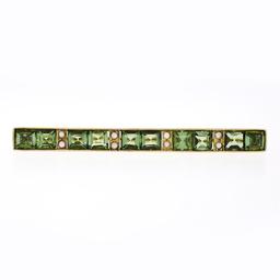 Antique Victorian 14K Yellow Gold Green Tourmaline Pearl Milgrain Bar Brooch Pin