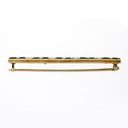 Antique Victorian 14K Yellow Gold Green Tourmaline Pearl Milgrain Bar Brooch Pin