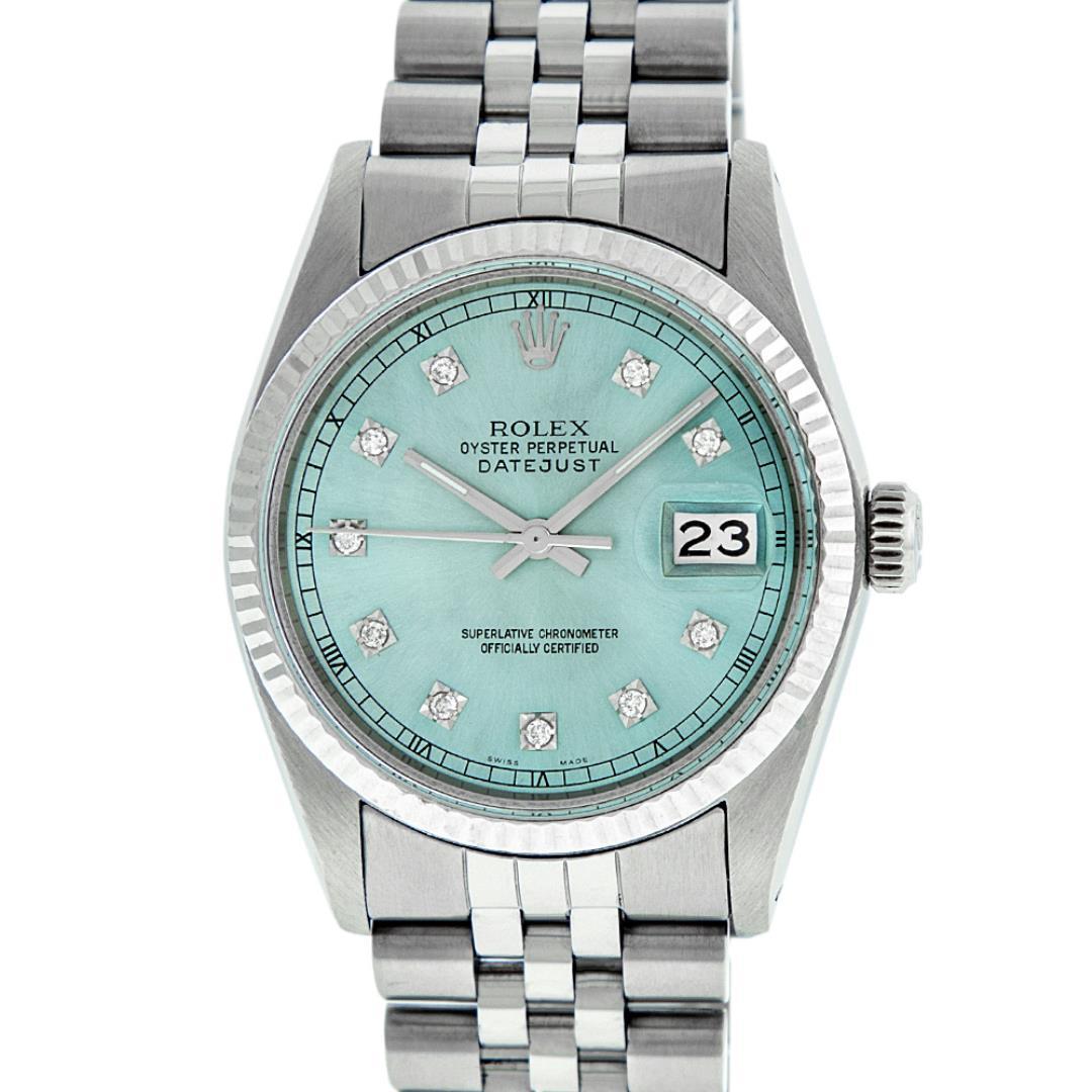 Rolex Mens Stainless Steel Blue Diamond Fluted Bezel 36MM Datejust Wristwatch