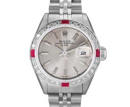 Rolex Ladies Stainless Steel Silver Index Diamond And Ruby Rolex Date Wristwatch