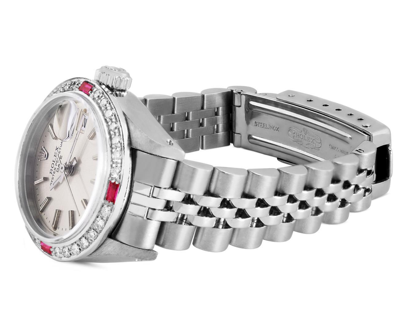 Rolex Ladies Stainless Steel Silver Index Diamond And Ruby Rolex Date Wristwatch
