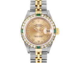 Rolex Ladies Quickset Sapphire 18K Two Tone Champagne Roman Diamond And Emerald