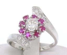 14k White Gold 1.10 ctw Diamond & Ruby Ladies Crossover FINE Cocktail Ring