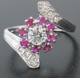 14k White Gold 1.10 ctw Diamond & Ruby Ladies Crossover FINE Cocktail Ring