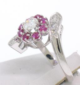 14k White Gold 1.10 ctw Diamond & Ruby Ladies Crossover FINE Cocktail Ring