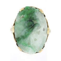 Vintage 10k Yellow Gold Oval Floral Carved Jade w/ Etched Open Work Platter Ring