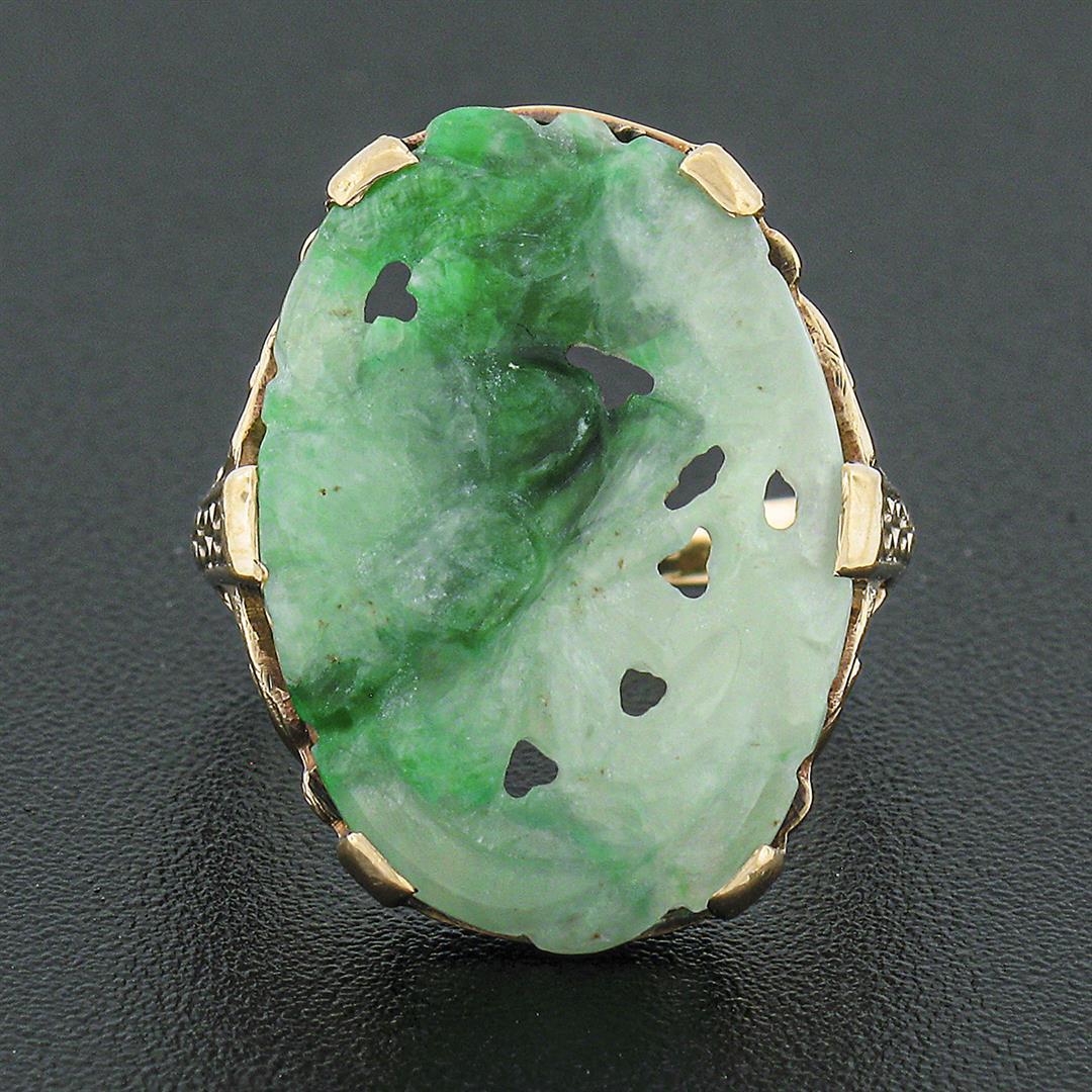 Vintage 10k Yellow Gold Oval Floral Carved Jade w/ Etched Open Work Platter Ring