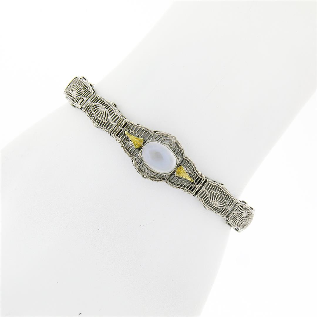 Antique Art Deco Esemco 14k TT Gold Milgrain Filigree Moonstone Belly Bracelet