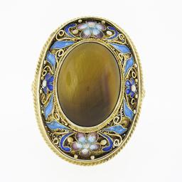 Vintage 14k Gold Bezel Tiger's Eye LARGE Oval Floral Enamel Filigree Frame Ring