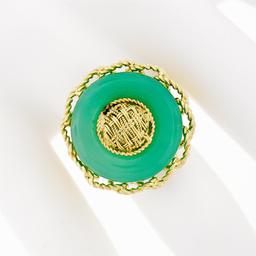 Vintage 18K Gold Braided Twisted Wire Frame Circle Platter Cocktail Jade Ring