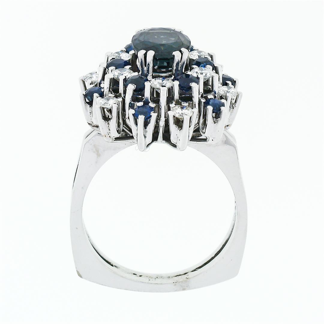 Vintage 18k White Gold 3.15 ctw Oval Sapphire Round Diamond Tiered Cluster Ring